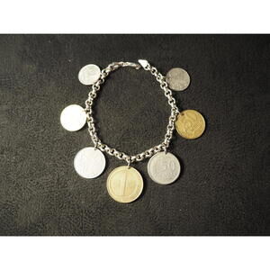 Vintage .925 Sterling Silver Multi-Country Coin Charm Bracelet - 7.5" Length